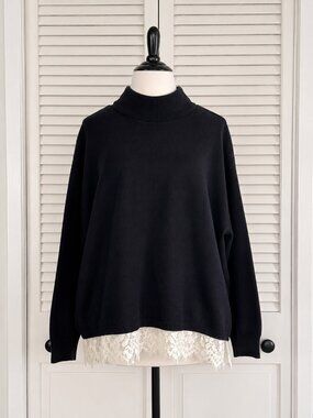 Investments Black Turtle Neck White Lace Trim at Bottom Long Sleeve Women's L